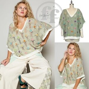 POL Sage Green Open Knit Floral Daisy Sweater Top